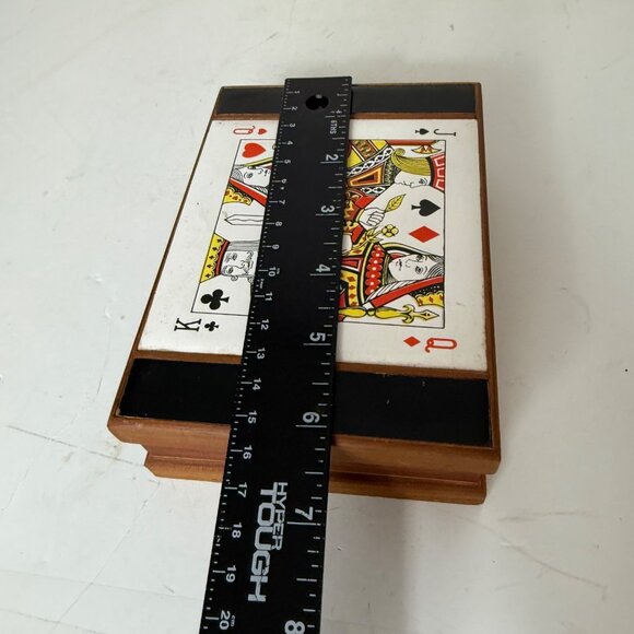 Wooden Playing Card Box Ceramic Tile King Queen Spades Vintage MCM Green Felt - Picture 8 of 16